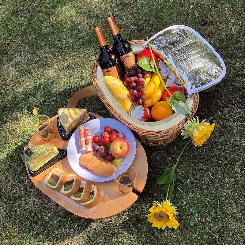HapTim Wicker Picnic Basket Set for 4 with Mini Folding Wine Picnic Table & Large Insulated Cooler Bag & Cutlery Service Kits for 4 Person, Couples Gifts, Wedding Gifts (Y2209-4-CM) - Image 2